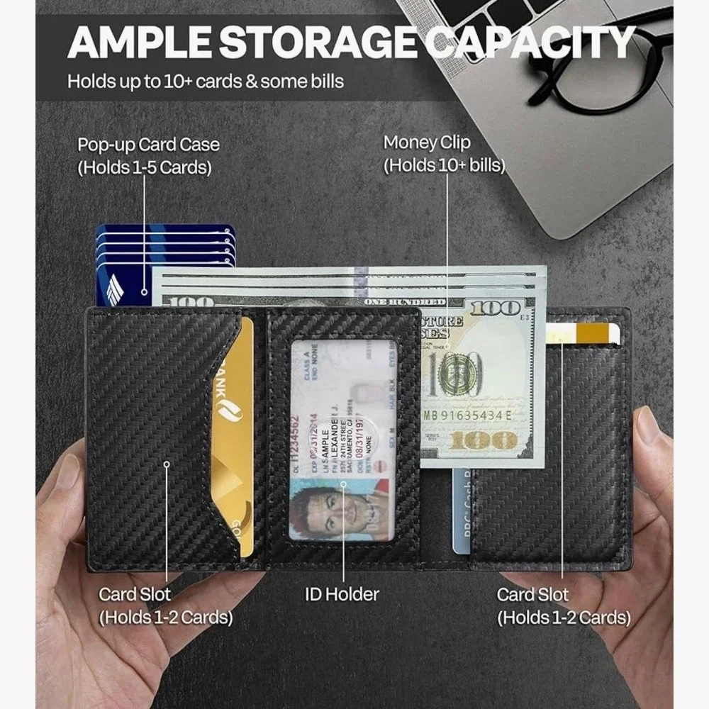 Carbon Fiber RFID Blocking Wallet Slim‎ Trifold Card Holder Apple Tag Holder